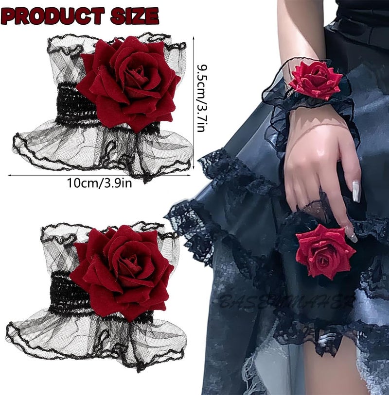 BASEMMAHER Gothic Rose Lace Gloves Hand Sleeve Black Lace Elastic Bracelet Wine Red Flower Wrist Cuff Dress Accessories for Women Girls Wedding Halloween Prom Masquerade Party Clothing 1 Pair - Image 2